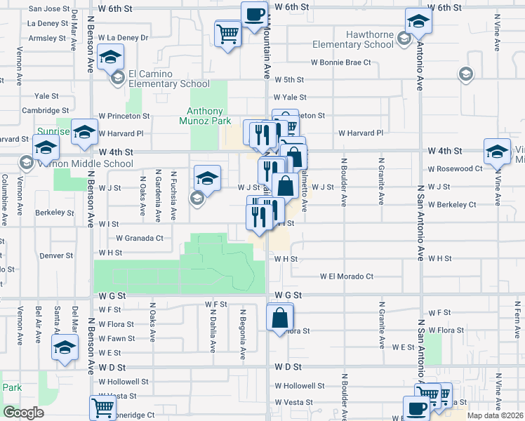 map of restaurants, bars, coffee shops, grocery stores, and more near 1105 West Berkeley Court in Ontario