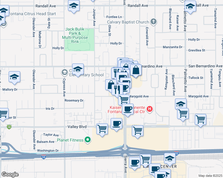 map of restaurants, bars, coffee shops, grocery stores, and more near 16700 Marygold Avenue in Fontana