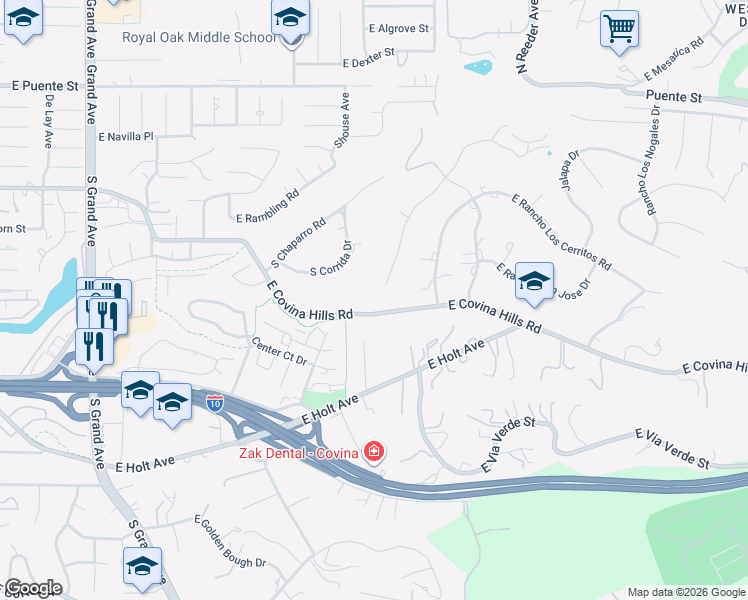 map of restaurants, bars, coffee shops, grocery stores, and more near 1425 East Covina Hills Road in Covina