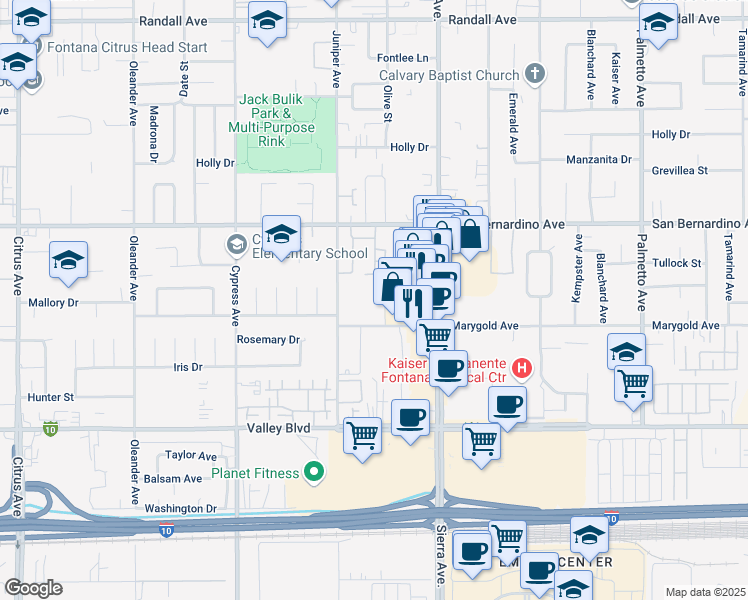 map of restaurants, bars, coffee shops, grocery stores, and more near 16700 Marygold Avenue in Fontana