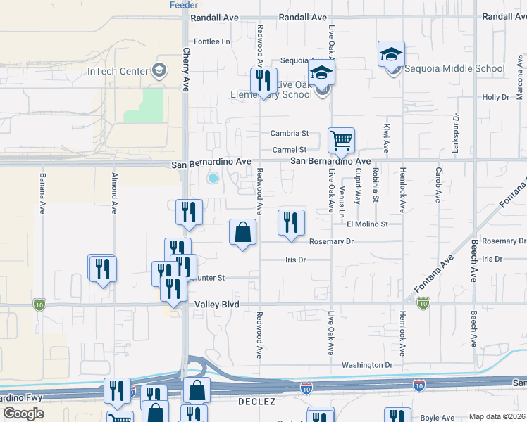 map of restaurants, bars, coffee shops, grocery stores, and more near 14688 El Molino Street in Fontana