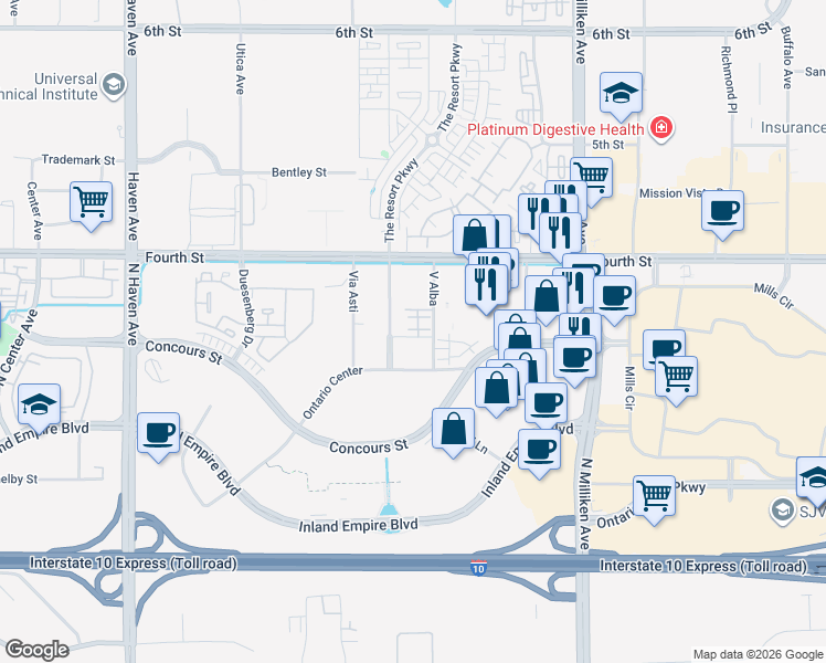 map of restaurants, bars, coffee shops, grocery stores, and more near 901 Via Piemonte in Ontario