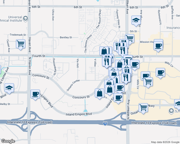 map of restaurants, bars, coffee shops, grocery stores, and more near 901 Via Piemonte in Ontario