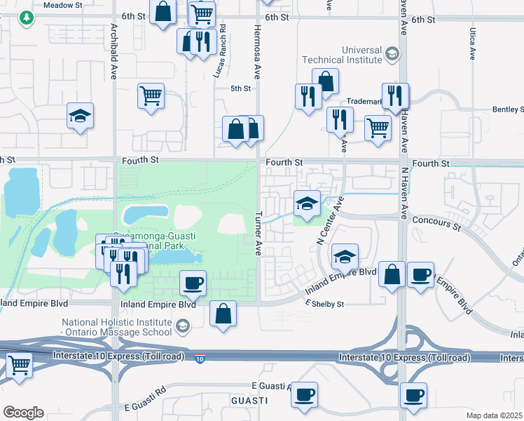 map of restaurants, bars, coffee shops, grocery stores, and more near 1024 Turner Avenue in Ontario