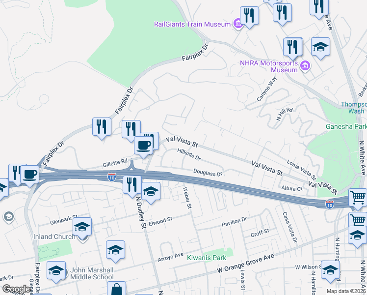 map of restaurants, bars, coffee shops, grocery stores, and more near 1450 Val Vista Street in Pomona