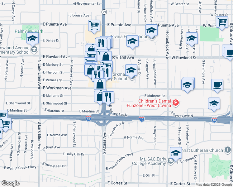 map of restaurants, bars, coffee shops, grocery stores, and more near 1841 East Workman Avenue in West Covina