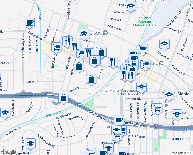 map of restaurants, bars, coffee shops, grocery stores, and more near 3715 Arden Drive in El Monte