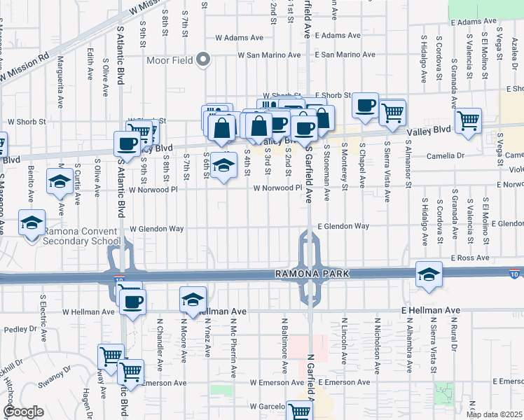 map of restaurants, bars, coffee shops, grocery stores, and more near 1610 South 4th Street in Alhambra