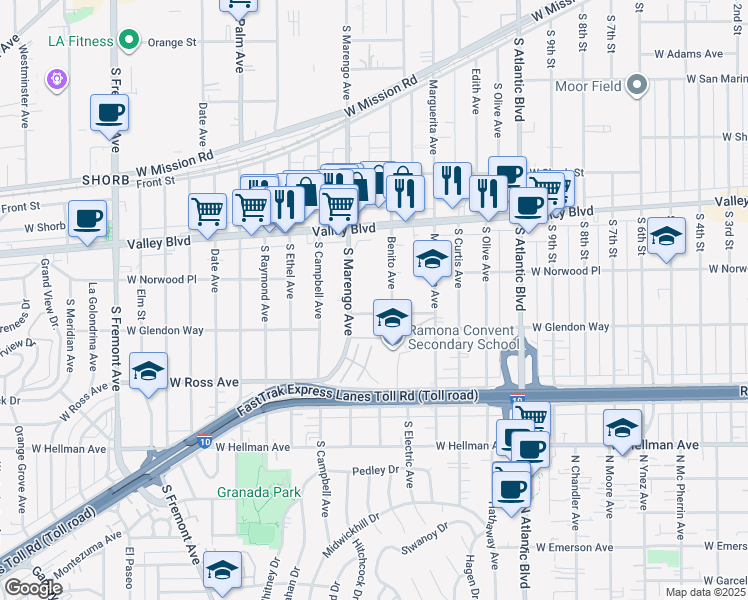 map of restaurants, bars, coffee shops, grocery stores, and more near 1516 South Marengo Avenue in Alhambra