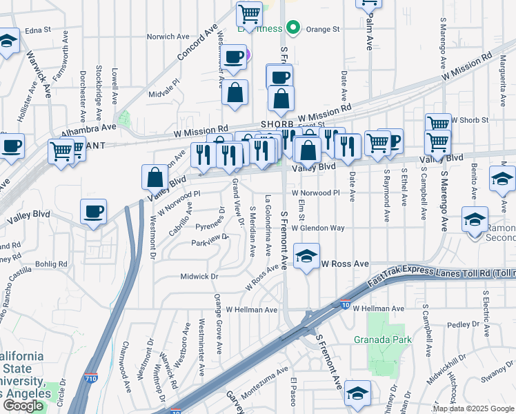 map of restaurants, bars, coffee shops, grocery stores, and more near 1600 South Meridian Avenue in Alhambra
