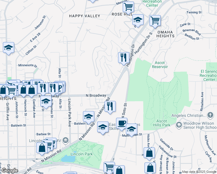map of restaurants, bars, coffee shops, grocery stores, and more near 2521 Onyx Drive in Los Angeles
