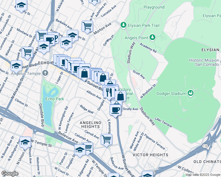 map of restaurants, bars, coffee shops, grocery stores, and more near 1347 Douglas Street in Los Angeles