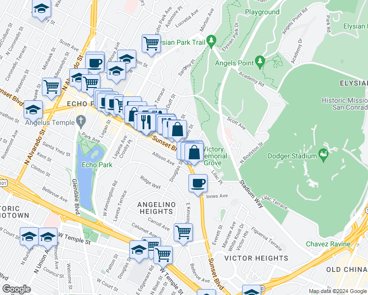 map of restaurants, bars, coffee shops, grocery stores, and more near 1325 Quintero Street in Los Angeles