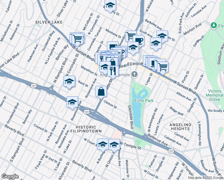 map of restaurants, bars, coffee shops, grocery stores, and more near 908 North Alvarado Street in Los Angeles