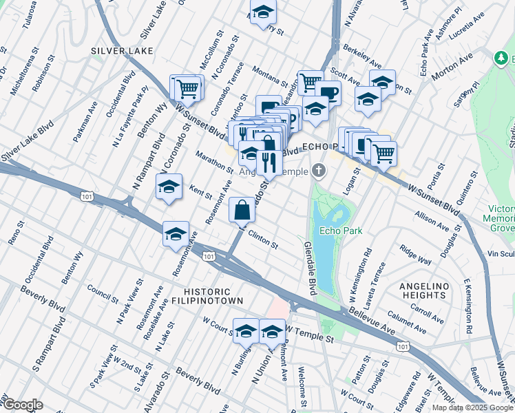 map of restaurants, bars, coffee shops, grocery stores, and more near 908 North Alvarado Street in Los Angeles