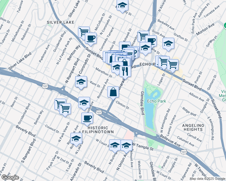 map of restaurants, bars, coffee shops, grocery stores, and more near 2130 Santa Ynez Street in Los Angeles
