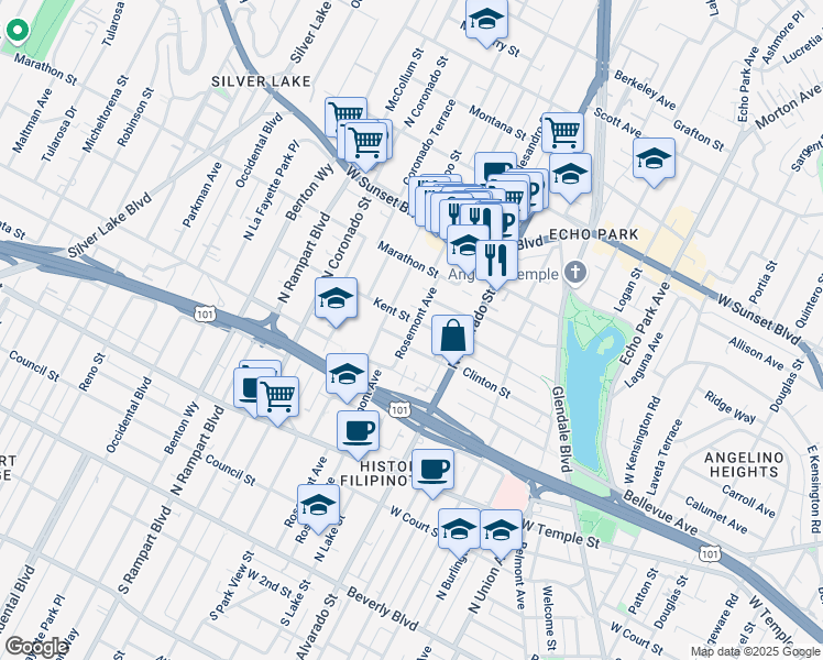 map of restaurants, bars, coffee shops, grocery stores, and more near 805 Rosemont Avenue in Los Angeles