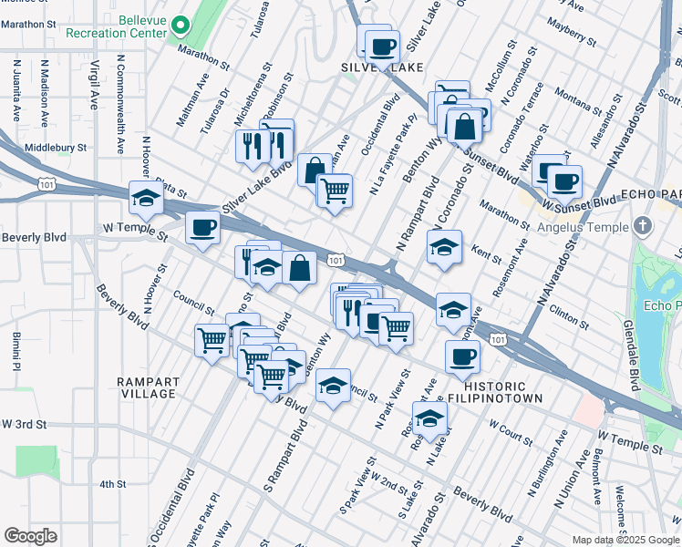 map of restaurants, bars, coffee shops, grocery stores, and more near 2800 London Street in Los Angeles