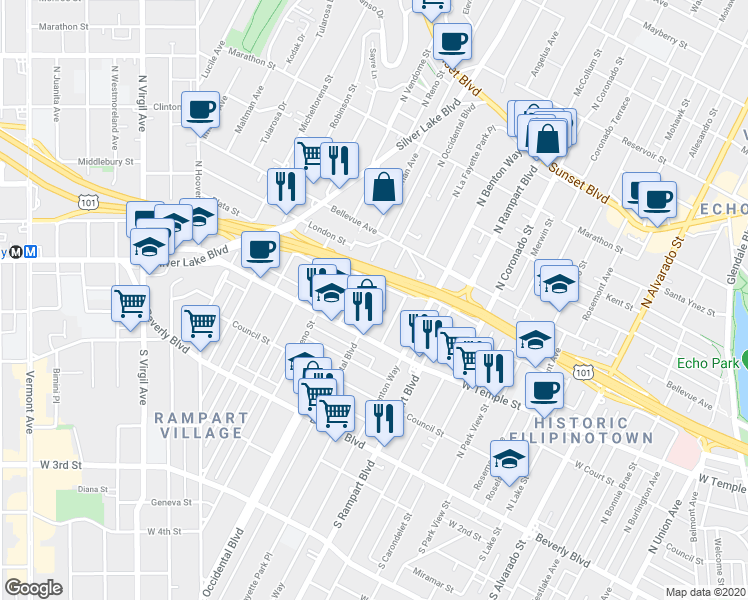 map of restaurants, bars, coffee shops, grocery stores, and more near 363 North Occidental Boulevard in Los Angeles