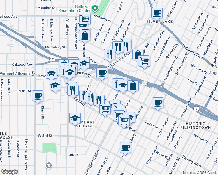 map of restaurants, bars, coffee shops, grocery stores, and more near 3121 West Temple Street in Los Angeles
