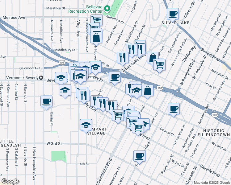 map of restaurants, bars, coffee shops, grocery stores, and more near 3121 West Temple Street in Los Angeles