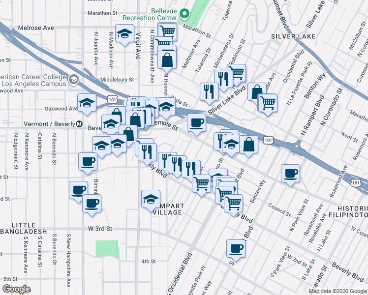 map of restaurants, bars, coffee shops, grocery stores, and more near 245 Robinson Street in Los Angeles