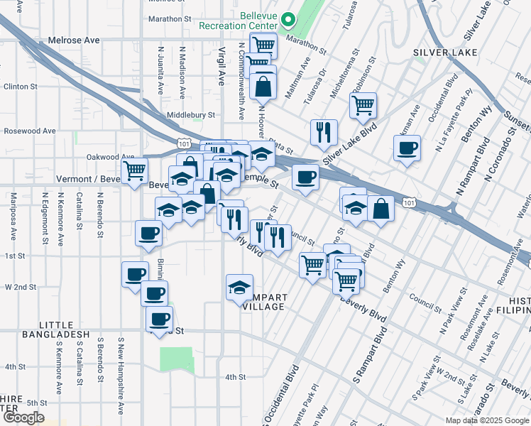 map of restaurants, bars, coffee shops, grocery stores, and more near 235 North Hoover Street in Los Angeles