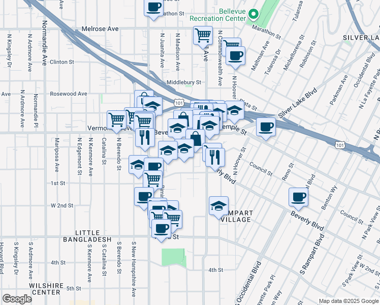 map of restaurants, bars, coffee shops, grocery stores, and more near 241 North Westmoreland Avenue in Los Angeles