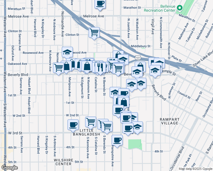 map of restaurants, bars, coffee shops, grocery stores, and more near 233 North Berendo Street in Los Angeles