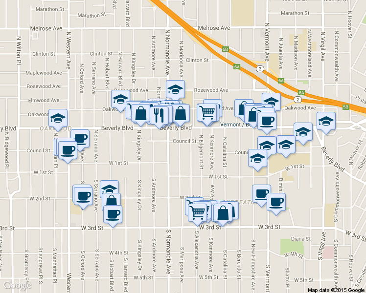 map of restaurants, bars, coffee shops, grocery stores, and more near 200 North Mariposa Avenue in Los Angeles
