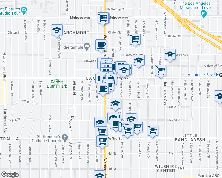 map of restaurants, bars, coffee shops, grocery stores, and more near in Los Angeles
