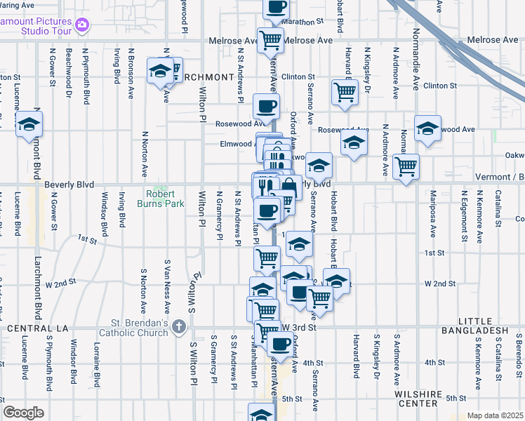 map of restaurants, bars, coffee shops, grocery stores, and more near 233 North Western Avenue in Los Angeles