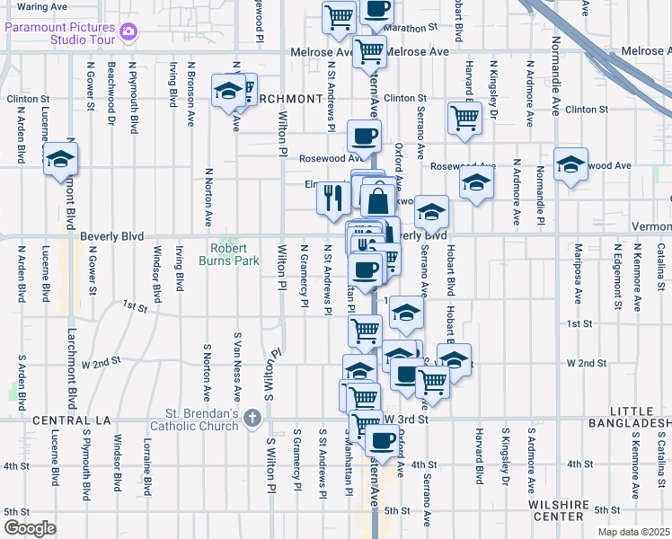 map of restaurants, bars, coffee shops, grocery stores, and more near 228 Saint Andrews Place in Los Angeles