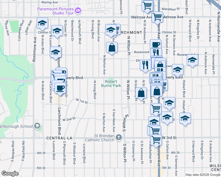 map of restaurants, bars, coffee shops, grocery stores, and more near in Los Angeles