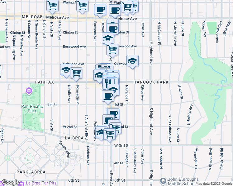 map of restaurants, bars, coffee shops, grocery stores, and more near 162a North La Brea Avenue in Los Angeles