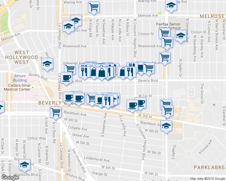 map of restaurants, bars, coffee shops, grocery stores, and more near 136 North Sweetzer Avenue in Los Angeles