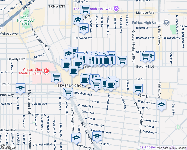 map of restaurants, bars, coffee shops, grocery stores, and more near 131 Kings Road in Los Angeles
