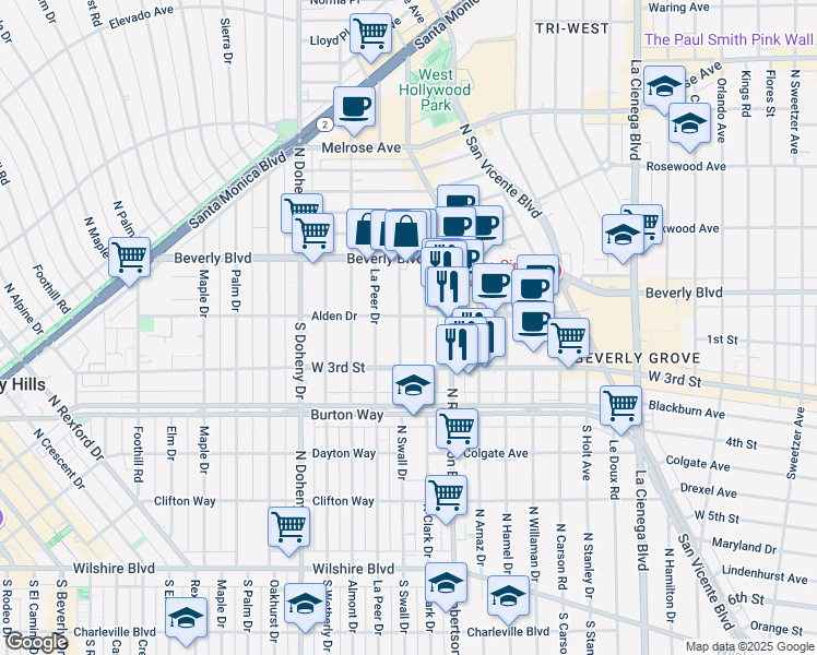 map of restaurants, bars, coffee shops, grocery stores, and more near 8903 Alden Drive in Los Angeles