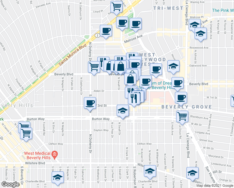 map of restaurants, bars, coffee shops, grocery stores, and more near 8903 Alden Drive in Los Angeles