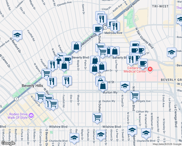 map of restaurants, bars, coffee shops, grocery stores, and more near 9183 Alden Drive in Beverly Hills