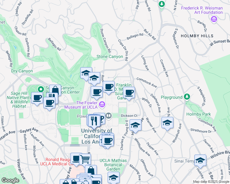 map of restaurants, bars, coffee shops, grocery stores, and more near 280 Charles E Young Drive North in Los Angeles