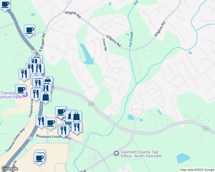 map of restaurants, bars, coffee shops, grocery stores, and more near 3180 Hallmark Lane Northeast in Buford