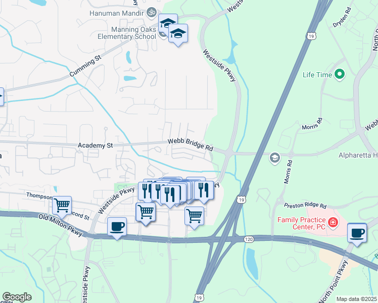 map of restaurants, bars, coffee shops, grocery stores, and more near 3107 Woodland Lane in Alpharetta