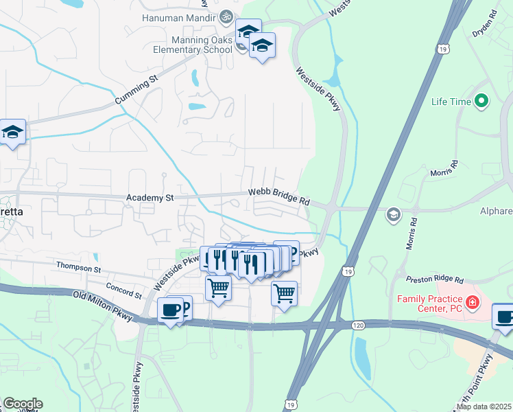 map of restaurants, bars, coffee shops, grocery stores, and more near 6115 Woodland Lane in Alpharetta