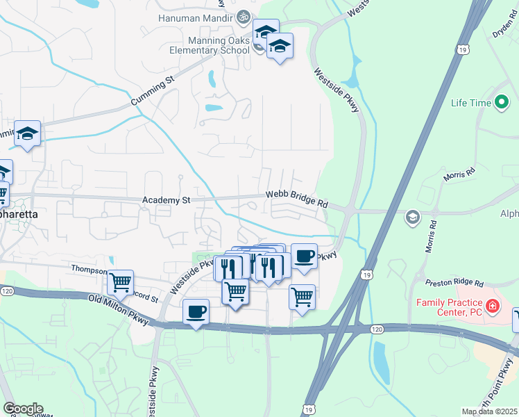 map of restaurants, bars, coffee shops, grocery stores, and more near 558 Wedgewood Drive in Alpharetta