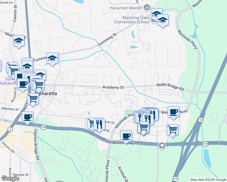 map of restaurants, bars, coffee shops, grocery stores, and more near 2580 Milford Lane in Alpharetta
