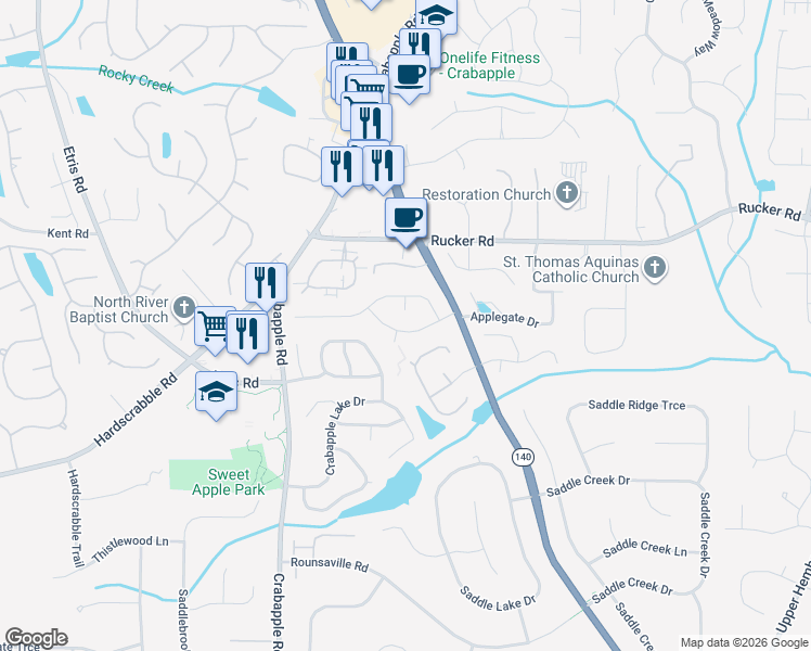 map of restaurants, bars, coffee shops, grocery stores, and more near 115 Ashton Court in Roswell