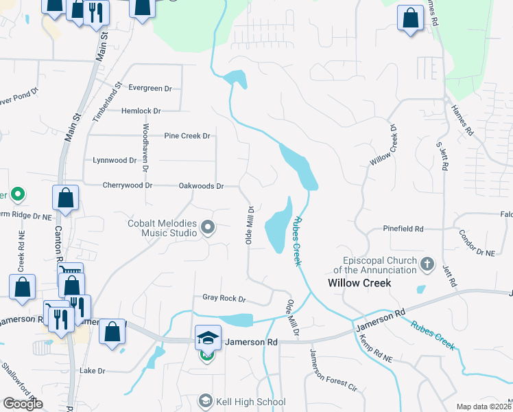 map of restaurants, bars, coffee shops, grocery stores, and more near 1377 Mill Brook Circle in Marietta