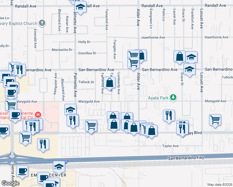 map of restaurants, bars, coffee shops, grocery stores, and more near 9850 Lombardy Avenue in Bloomington