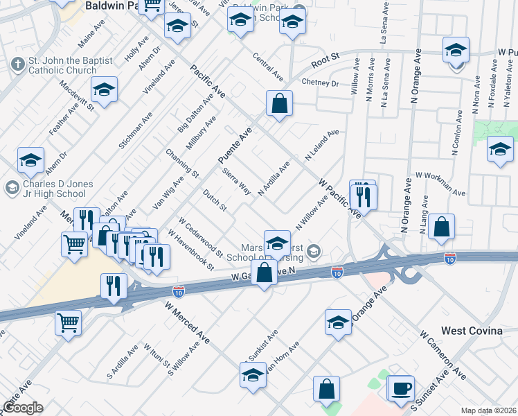 map of restaurants, bars, coffee shops, grocery stores, and more near 2329 West Channing Street in West Covina